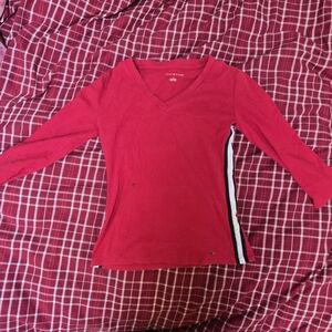 Tommy Hilfiger Women's Long Sleeve V-Neck Top in Bright Pink with Side Stripe